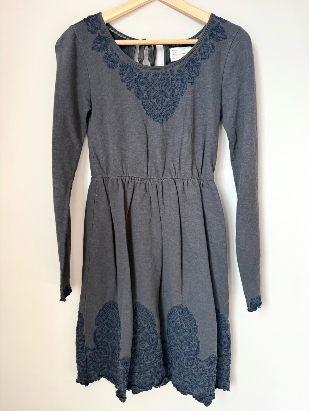 Anthropologie Gray Mini Jersey Dress with Navy Lace Embroidery Trim